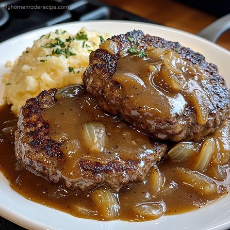 Hamburger Steaks With Onion Gravy Quick Hamburger Recipes, Hamburger Steaks With Onion Gravy, Hamburger Recipes Easy, Hamburger Meat Recipes Easy, Italian Sausage Recipes Pasta, Hamburger Steaks, Hamburger Dishes, Hearty Dinner Recipes, Meatball Recipes Easy