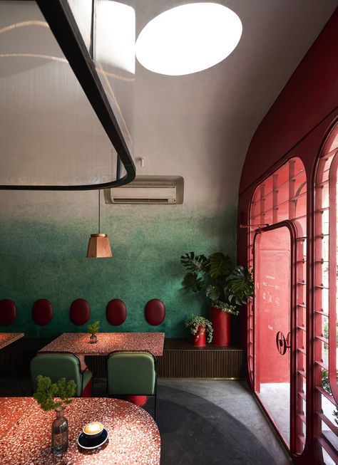 Green Red Interior, Red And Green Interior Design, Arch Restaurant, Red And Green Interior, Study Cafe, Family Living Room, Hue Lights, Retro Cafe, Cafe Shop Design