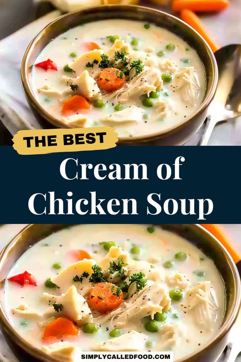 Discover the best homemade cream of chicken soup recipe, an easy, quick, and simple dinner solution. Made with fresh vegetables and tender chicken breast or cooked chicken, it's fast to prepare and perfect for any meal. You can prepare homemade cream of chicken soup in a Crock Pot, instant pot, slow cooker, pressure cooker, or stove top. Explore this homemade cream of chicken soup recipe and more soup recipes at simplycalledfood.com. Cream Of Chicken Soup Recipes Instapot, Canned Cream Of Chicken Soup Recipes, Cream Chicken Soup Recipes, Chicken Soup Recipes Homemade Easy, Cream Of Chicken Soup Recipes, Cream Chicken Soup, Soup In A Crock Pot, Homemade Cream Of Chicken Soup, Homemade Cream Of Chicken