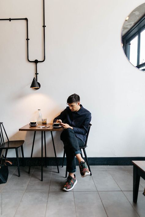 Man Cafe Photoshoot, Guy In Coffee Shop Aesthetic, Man At Coffee Shop, Men In Coffee Shop, Coffee Outfit Ideas Men, Men Cafe Photoshoot, Coffee Poses Photo Ideas Men, Poses For Men In Cafe, Cafe Pose Ideas Men