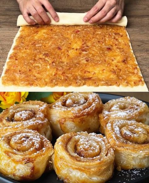 Quick Puff Pastry Apple Rolls Recipe Recipes With Strawberry Puree, Strawberry Puree Recipe, Quick Puff Pastry, Apple Cinnamon Cake, Apple Puff Pastry, Banana Oat Muffins, Cake With Strawberry, Apple Cobbler, Cinnamon Cake