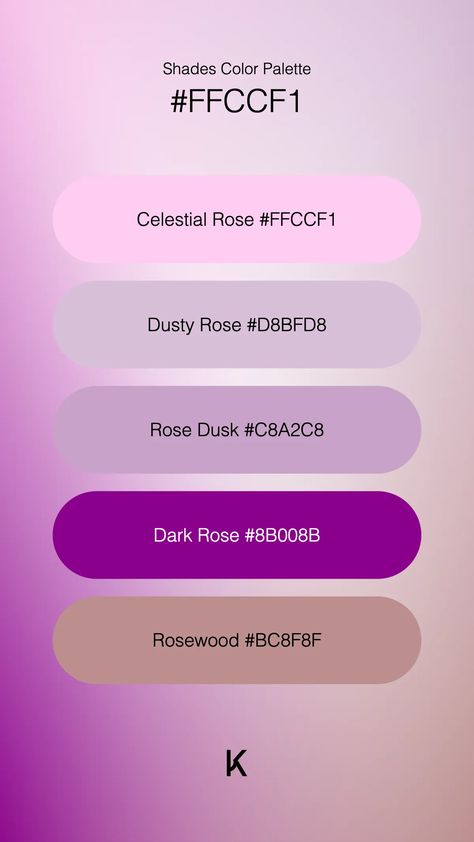 Shades Color Palette Celestial Rose #FFCCF1 · Dusty Rose #D8BFD8 · Rose Dusk #C8A2C8 · Dark Rose #8B008B · Rosewood #BC8F8F Serenity Color, Flat Color Palette, Electric Purple, Monochromatic Color Palette, Color Design Inspiration, Lavender Mist, Hex Color Palette, Pale Lavender, Light Lilac