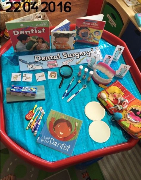 Eyfs Dentist Ideas, Dentist Tuff Tray Eyfs, Brushing Teeth Tuff Tray, Doctors Tuff Tray, Dentist Eyfs Activities, Dentist Role Play Eyfs, Teeth Eyfs Activities, Dentist Tuff Tray, Dentist Role Play