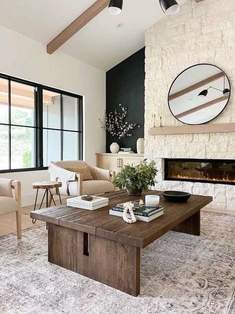 Tongue And Groove Living Room, Fireplace Cabinets, Tongue And Groove Walls, Contemporary Farmhouse, Fireplace Makeover, Living Room Makeover, Fireplace Design, Black Walls, Coffee Table Wood