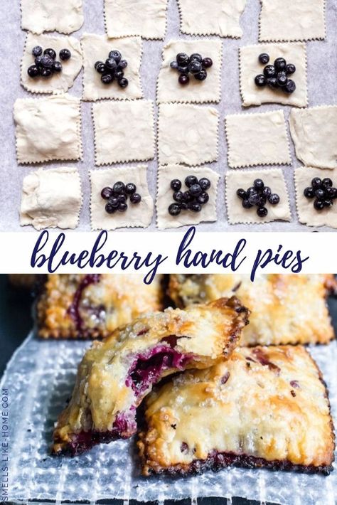 Blueberry Hand Pies (with easy homemade crust) - Smells Like Home Homemade Blueberry Pie Filling, Fruit Hand Pies, Blueberry Hand Pies, Blueberry Pie Recipe, Homemade Blueberry Pie, Apple Slab Pie, Blueberry Filling, Worlds Colliding, Homemade Crust