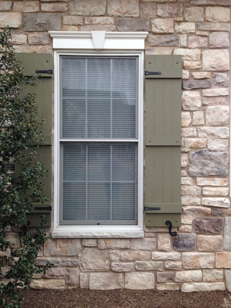 Shutter and stone combination... I especially like the shutter style and color - greyish green Stone House Green Shutters, Gray House Green Shutters, Olive Green Shutters, Sage Shutters, Sage Green Shutters, Green Home Exterior, Shutters Diy, Cottage Shutters, Exterior Farmhouse