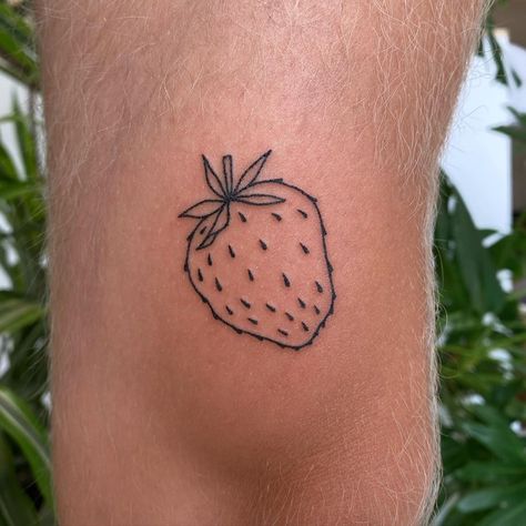 Simple At Home Tattoos, Strawberry Stick N Poke, Unique Stick And Poke Tattoos, Strawberry Stick And Poke, Big Stick And Poke Tattoo, Simple Stick And Poke Tattoo, Small Stick And Poke, Baking Tattoo, Hand Poke Tattoo