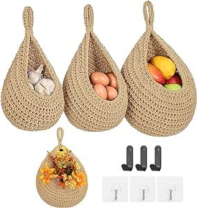 Boho Wall Hanging Fruit Baskets for Kitchen 3 Pack Woven Produce Holder with 6 Pcs Strong Hooks Vegetable Hanging Basket for Organizing Teardrop Home Wall Potato Onion Storage linen Spanish Kitchen Decor, Produce Baskets, Onion Storage, Hanging Fruit Baskets, Jute Hanging, Hanging Plant Wall, Wall Hanging Basket, Crochet Fruit, Fruit Baskets