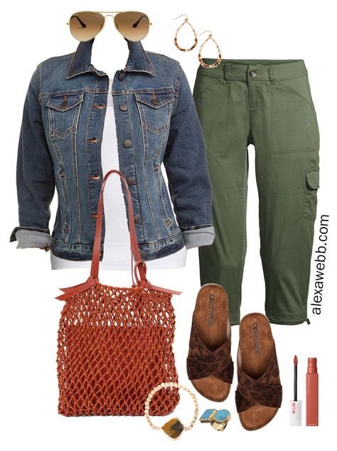 Plus Size Green Cargo Capri Outfit Idea with Denim Jacket, White Tank, Leopard Sandals, Rust Macrame Bag, and Boho Jewelry Comfy Travel Outfit Summer, Green Cargo Pants Outfit, Comfy Travel Outfit, Alexa Webb, Capri Outfits, Cargo Pants Outfits, Outfit Plus Size, Look Plus Size, Cargo Pants Outfit