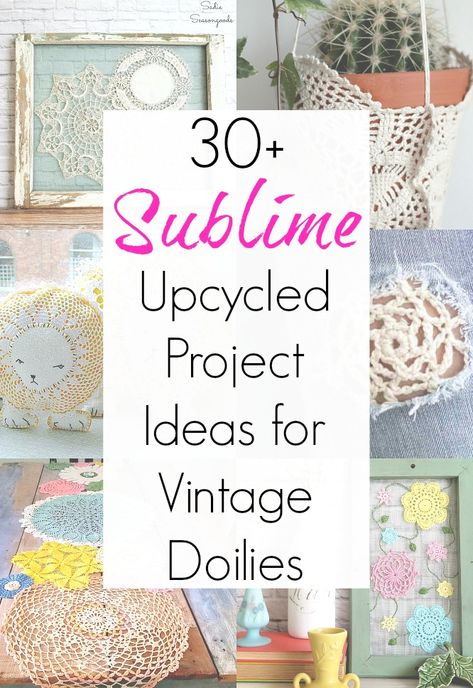 Let me guess - some of your grandma's lace doilies or crochet doilies are tucked away somewhere in your home right now. The attic, a dresser drawer, etc.- well, let me tell you, there are TONS of upcycling ideas for vintage doilies and this collection will definitely whet your creative appetite. Get all the repurposing details at www.sadieseasongoods.com . #shabbychic #doilies #cottagedecor #vintage #vintagedecor #upcycling Vintage Lace Crafts, Framed Doilies, Doilies Diy, Granny Chic Decor, Making Lace, Vintage Upcycling, Doily Art, Doilies Crafts, Vintage Doilies