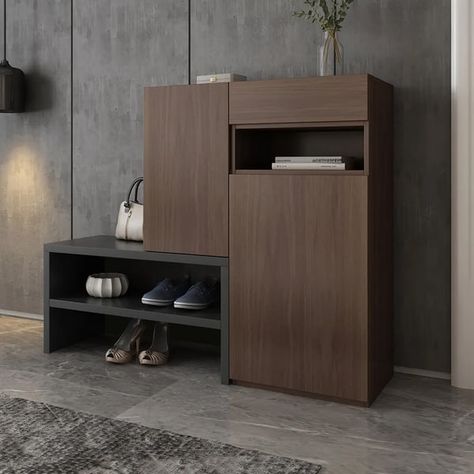 Fero Walnut Corner Shoe Storage Cabinet with 7 Shelves & 1 Drawer Entryway Shoe Storage Shoe Cabinet Small Spaces, Modern Shoes Cabinet Design, Shoe Cabinet For Entryway, Contemporary Storage Cabinet, Modern Shoe Storage Ideas, Shoes Shelves Ideas, Shoes Furniture Ideas, Shoes Drawer Storage, Shoe Cabinet Design Modern