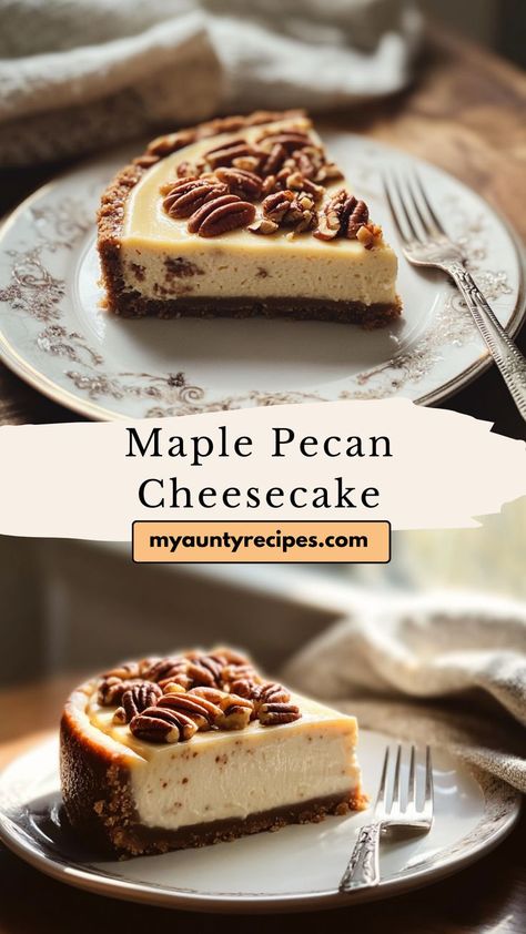 Celebrate the flavors of fall with our Maple Pecan Cheesecake! This delightful dessert features a creamy cheesecake base infused with rich maple flavor and topped with crunchy pecans. Perfect for autumn gatherings, holidays, or any occasion where you want to impress, this cheesecake brings the warmth of maple syrup and the nuttiness of pecans together in one delicious bite. The buttery pecan crust adds an extra layer of flavor that complements the smooth filling beautifully. Brown Butter Maple Cheesecake, Maple Pecan Cheesecake, Caramelized Pecans, Chesse Cake, Pecan Pie Cheesecake Recipe, Cheesecake Base, Pecan Crust, Rich Cheesecake, Maple Recipes