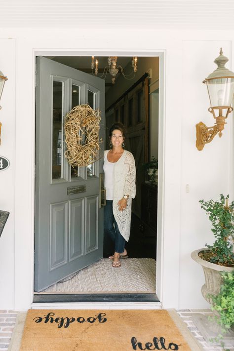 Farmhouse Home Tour with Michele of Vintage Home Refurbished Doors, Rustic Farmhouse Exterior, Cozy Coastal Cottage, Wide Front Doors, Texas Interior Design, Rustic Front Porch, Brick Porch, Rockwall Texas, Farmhouse Front Door