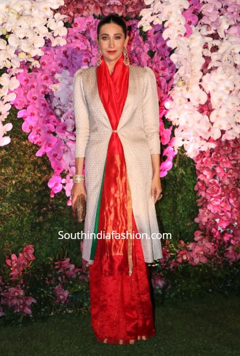 karisma kapoor red saree with long jacket akash ambani reception Saree With Jacket Winter, Saree With Long Jacket, Karishma Kapoor Saree, Banarasi Jacket, Winter Saree, Saree Types, Jacket Saree, Akash Ambani, Draping Saree