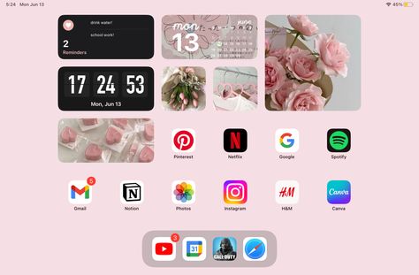 Ipad Pink Homescreen, Ipad Customization Home Screen, Mac Organization, Ipad Pink, Ipad Home Screen, Ipad Setup, Pink Homescreen, Ipad Inspo, Ipad Layout