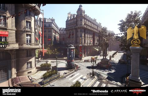 Wolfenstein Youngblood, Building Concept, Fantasy City, Scene Design, Art Station, Game Inspiration, Retro Futurism, Video Game Art, Dieselpunk