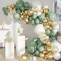 White And Gold Balloon Garland, Gold And Pink Balloons, Gold Balloon Garland, Sage Green Baby Shower, White Confetti, Garland Arch, Green Balloon, White Balloons, Arch Kit