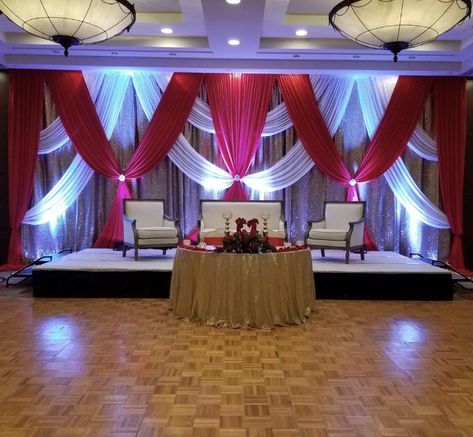 Alter Backdrop, Champagne Backdrop, Curtain Backdrop Wedding, Event Backdrops, Draping Ideas, Church Altar Decorations, Red Drapes, Layered Curtains, Curtain Backdrops