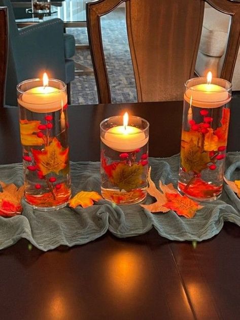 Floating Candle Thanksgiving Centerpieces, Orbeez Centerpieces Fall, Fall Decor With Water Beads, Fall Floating Candle Ideas, Water Beads Centerpiece Fall, Floating Candle Centerpieces Thanksgiving, Thanksgiving Floating Candles, Orbeez Vase Ideas, Thanksgiving Floating Candle Centerpiece