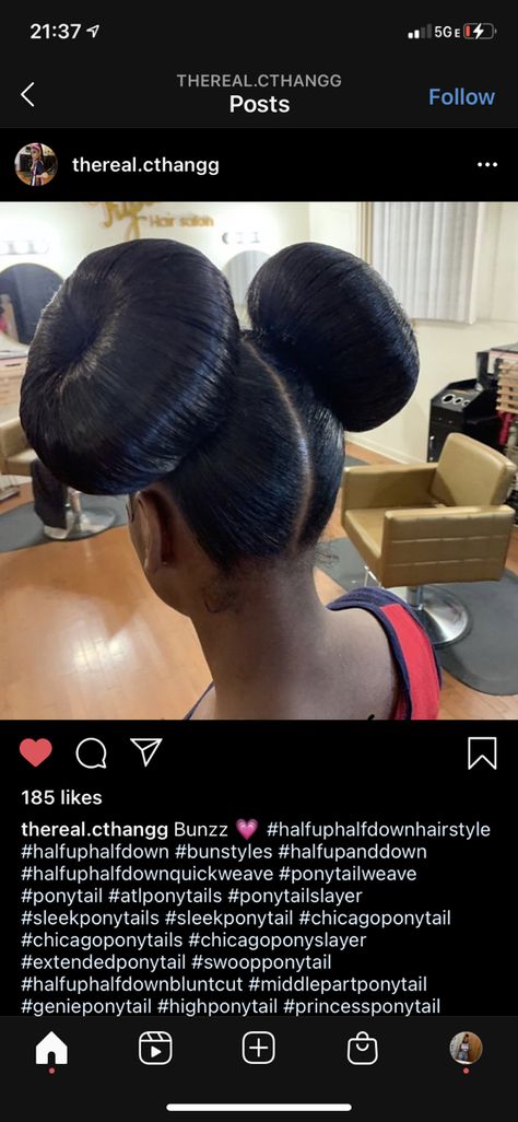 High Bun With Swoop, Two Buns Half Up Half Down, Half Up Half Down With Swoop, Two High Buns, Extended Ponytail, Two Buns, Weave Ponytail, Bun Styles, High Bun