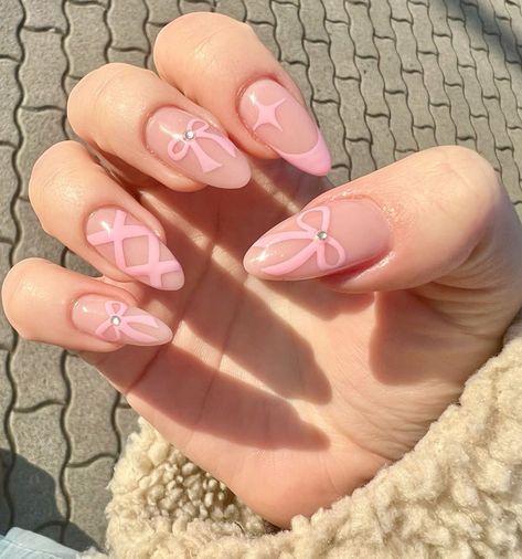 pink bow nails Pink Nails Bow, Couqutte Nails, Cute Bow Nails, Bow Acrylic Nails, Pink Bow Nails, Coquette Nail, Bow Nail Designs, Soft Pink Nails, Bow Nails