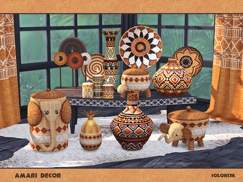 Round Sculpture, Elephant Basket, Sims 4 Couple Poses, African Furniture, Sims Stories, African Theme, Decor Objects, The Sims 4 Packs, Sims 4 Expansions