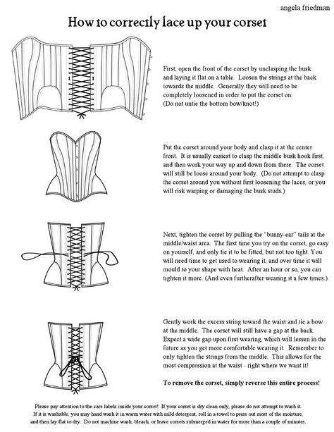 ISSUU - Corset lacing how-to by Angela Friedman How To Properly Lace A Corset, Corset Lacing Tutorial, How To Lace Up A Corset, How To Tie Corset, Corset Lacing Techniques, Corset Organization, How To Put On A Corset By Yourself, Corset Boning Placement, How To Lace A Corset