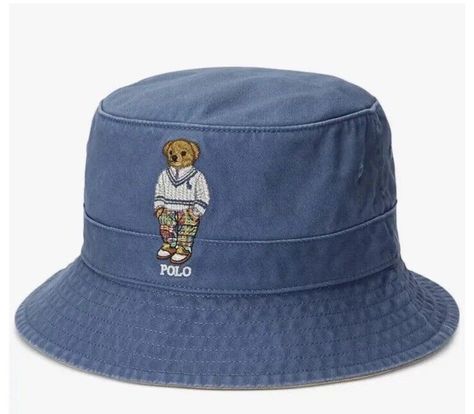 Adorable Polo Ralph Lauren Men's Preppy Embroidered Polo Golfer Bear Bucket Hat in Blue Size S/M New with tags Shipped via USPS Mail. Bear Bucket Hat, Ralph Lauren Bucket Hat, Preppy Logo, Ralph Lauren Preppy, Bucket Hat Fits, Bear Outfits, Polo Bear, Cotton Chinos, Green Camo