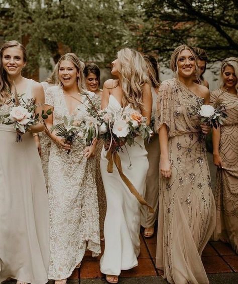 mismatched vintage bridesmaid dresses Bohemian Bridesmaid, Neutral Bridesmaid Dresses, Vintage Bridesmaid Dresses, Vintage Bridesmaids, Bridesmaid Dresses Boho, Pnina Tornai, Mismatched Bridesmaid Dresses, Boho Bridesmaid, Bridesmaid Style