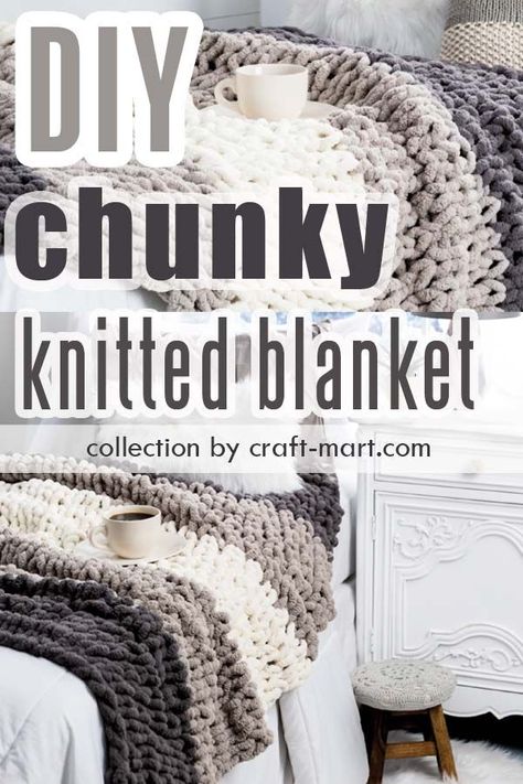 This cozy Under Cover project by Hobby Lobby looks as inviting as it feels! If heaven for you means soft yarn, a cup of coffee, and a snow day (when staying home is an excuse to knit), then grab this soft chenille-style bulky yarn to create a hygge-style soft blanket. While giving you a pure luxury feel, this is an easy DIY chunky knit blanket for your modern farmhouse decor. #armknitting #chunkyblanket #cheapchunkyblanket #diychunkyblanket #chunkymerinowoolyarn #armknitting #diygiantknitblanket Diy Chunky Knit Blanket, Chunky Knitted Blanket, Chunky Yarn Blanket, Finger Knit, Diy Knit Blanket, Knitting Blanket, Arm Knitting Blanket, Arm Knit, Diy Hanging Shelves