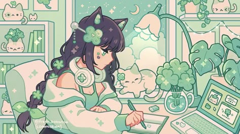 Emily 🍊🧡 (@fresh_bobatae) / Twitter Fresh_bobatae Art, Art Mignon, Tea Art, Anime Canvas, Dessin Adorable, Green Wallpaper, Old Art, Green Aesthetic, Wall Artwork