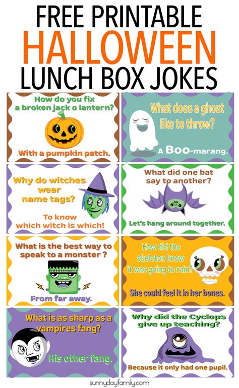 Give kids a giggle with these fun free printable Halloween lunch box notes! 8 lunch box notes in all with funny Halloween jokes for kids. Surprise them with these Halloween jokes - use them as lunch box notes or anywhere around the house! Lunch Box Jokes For Kids, Halloween Jokes For Kids, Halloween Lunch Box Notes, Funny Halloween Jokes, Halloween Lunch Box, Halloween Lunch, Lunchbox Jokes, Free Printable Halloween, Halloween Jokes