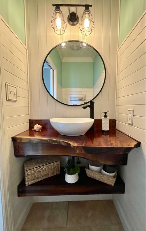 Love Edge Bathroom Vanity, Live Edge Powder Room Vanity, Live Edge Floating Vanity, Small Rustic Half Bathroom Ideas, Live Edge Countertop Bathroom, Live Edge Vanity Top Bathroom, Live Edge Bathroom Counter, Rustic Half Bathroom Ideas, Barndo Bathroom