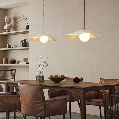 [FEATURE] The vintage charm of this pendant light creates a festive atmosphere that will make you feel cozy and happy. Hat shades are handcrafted from compression molding, giving them a unique organic shape that adds personality to any space. Whether your home, restaurant, office, or store needs a light, pendant lights will bring a timeless look to your environment. 
   
 The same series of products, click on the picture to learn more Wabi Sabi Dining Room, Wabi Sabi Dining, Room Hanging Lights, Dining Room Lamp, Dining Room Pendant, Pendant Lighting Dining Room, Esstisch Modern, Bulb Light, White Pendant Light