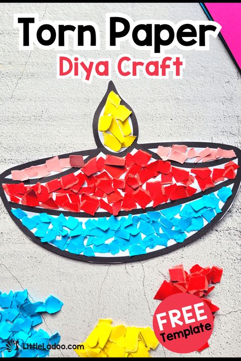 Torn Paper Diya Craft Diwali Diya Craft For Preschool, Deepavali Activities For Preschoolers, Preschool Diwali Crafts, Diwali Activity For Kids In School, Diwali Art Projects For Kids, Diwali Crafts For Kindergarten, Diwali For Preschool, Diwali School Activities, Diwali Early Years Activities