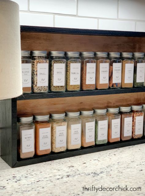 Diy Wood Counters, Countertop Spice Rack, Diy Spice Rack, Spice Organization Drawer, Diy Wood Stain, Wooden Spice Rack, Wood Countertop, Kitchen Spice Racks, Thrifty Diy