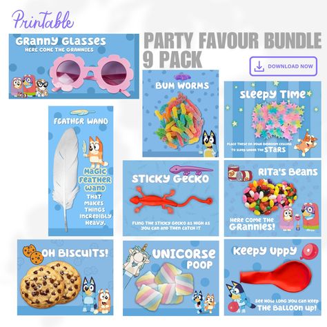 Make your Blue-themed party unforgettable with our Blue Party Favor Pack. Download and print these adorable designs instantly for a hassle-free celebration. Included Features: 9 Unique Designs: Ideal for Blue-themed parties. Instant Download: High-quality PDF for vibrant prints. Additional Information: Digital File Only: No physical items will be shipped. No Refunds: Due to the nature of digital downloads. Printing Tips: Print on your favorite photo paper; Colors may vary based on screen and printer settings. Customization Available: Contact us for personalized designs. Usage and Intellectual Property Statement / Copyright Notice We do not claim ownership of any of the characters included in this digital file. We respect all copyrights associated with the character images used in our desig Bluey Themed Birthday Party Food Ideas, Bluey Party Favors, Shared Birthday Parties, Bluey Art, Bluey Party, Bluey Birthday, Character Images, Party Bundles, Blue Party