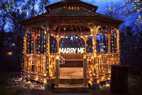 This picture is from 3 years ago when my husband first proposed to me. There was a trail of signs in the park with short phrases on them with reasons why he loved me. The trail of signs led to this beautiful gazebo that he set up. It was the most romantic moment I could’ve ever imagined and I’ll forever cherish it. He covered this gazebo with Christmas string lights since I was a fan of a scene from twilight and put the lighted “marry me” letters in the back which he got from michaels. Gazebo With Fairy Lights, Fairy Lights Proposal, Proposal Ideas Gazebo, Proposal Ideas Lights, Gazebo Engagement Ideas, Proposal Lights, Proposal Gazebo, Gazebo Proposal Ideas, Gazebo Proposal