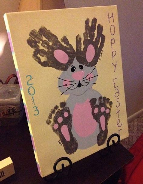 Hand and footprint bunny art - cute! Do it on a canvas and display it year after year. Hand Print Art, Ghost Craft, Preschool Easter, Christmas Ideas For Boyfriend, Christmas Preschool, November Crafts, Christmas Paintings On Canvas, Footprint Art, Art Activity