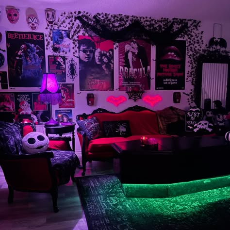 Red Goth Living Room, Neon Goth Bedroom, Goth Rooms Aesthetic, Emo Interior Design, Goth Makeup Room, Neon Goth Room, Alt Living Room Decor, Goth Maximalist Bedroom, Horror Living Room Ideas