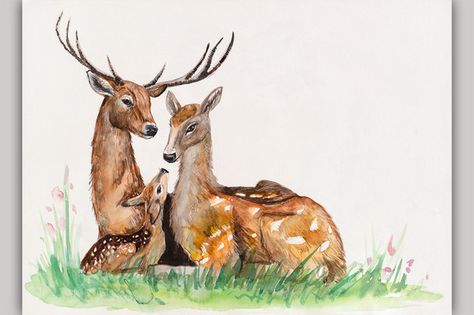 Check out Family of deer. by maria.kytyzova on Creative Market Deer Photos, Baby Animal Drawings, Deer Illustration, Deer Painting, Christmas Paintings On Canvas, Deer Family, Family Drawing, Winter Watercolor, Family Painting