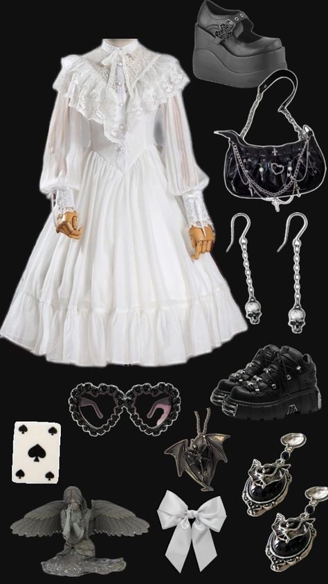 white and black gothic/morute outfit #altfashion Holloween Costume, Alt Fashion, White And Black, White, Clothes, Black