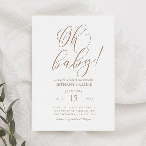 Oh Baby Modern Elegant Gold Typography Baby Shower Invitation Elegant Baby Shower Invitations, Baby Shower Elegante, Typography Minimalist, Baby Shower Invites Neutral, Classy Baby Shower, Baby Shower Menu, Surprise Baby Shower, Gender Neutral Baby Shower Invitations, Gold Typography