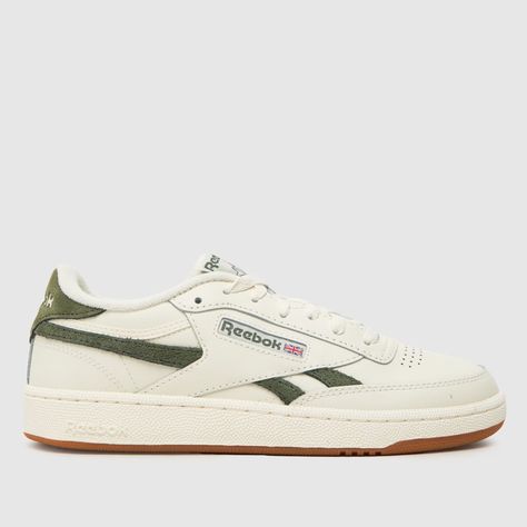 Womens White & Green Reebok Club C Revenge Trainers | schuh Cool Reebok Shoes, Reebok Revenge Club C, Vintage Style Sneakers, Brown Reebok Shoes, Cool Trainers Women, Rebock Shoe Outfit Women, Cute Trainers, Reebok Club C Revenge Outfit, Everyday Sneakers Women