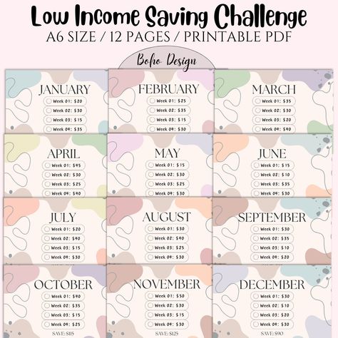 A6 Money Savings Challenge Bundle, Low Income Monthly Savings Challenge Bundle,Boho Money Challenge, Savings Tracker Printable Please note that this is a DIGITAL DOWNLOAD file with no physical product included. Are you searching for a delightful way to cut costs without sacrificing fun? Your solution has arrived! Dive into our 12-month A6 Savings Challenges pack, meticulously designed to infuse your life with joy while bolstering your savings. With its effortless printability and unlimited print Weekly Cash Savings, 6 Week Money Saving Challenge, 20 Thousand Saving Challenge, Easy Money Challenge, Realistic Money Saving Challenge, 6 Week Savings Challenge, Money Challenges Monthly, Fun Money Saving Games, Yearly Savings Plan Challenges