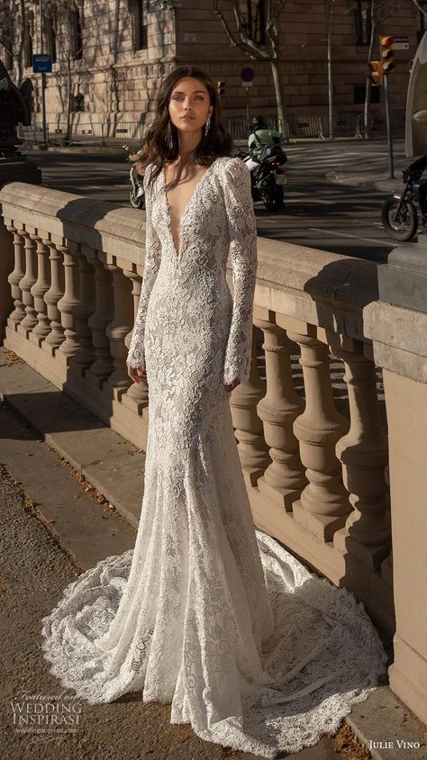 julie vino 2020 barcelona bridal long sleeves deep v neck full embellishment elegant fit and flare wedding dress backless low back medium train (6) mv -- Julie Vino Spring 2020 Wedding Dresses | Wedding Inspirasi #wedding #weddings #bridal #weddingdress #weddingdresses #bride #fashion  ~ Wedding Dresses Deep V Neck, Wedding Dresses Deep V, Julie Vino Wedding Dress, Wedding Dress Backless, Wedding Dresses 2020, Fit And Flare Wedding Dress, Backless Wedding, Winter Wedding Dress, Long Sleeve Wedding