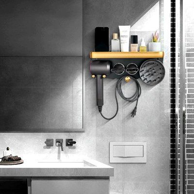 Fully functional acts as a hair dryer holder, diffuser holder, nozzle holder, power cord holder, and wall mounted storage counter top as one. Perfect storage tool to make your home more neat and tidy. The sturdy thickened aluminum hair dryer holder can easily withstand up to 40KG of gravity without falling off. Bathroom Hairdryer Storage Ideas, Bathroom Hair Tool Storage Wall, Bathroom Hair Dryer Storage, Hairdryer Storage Ideas, Dyson Hair Dryer Storage, Hair Dryer Organizer, Hairdryer Holder, Blow Dryer Holder, Hair Dryer Accessories