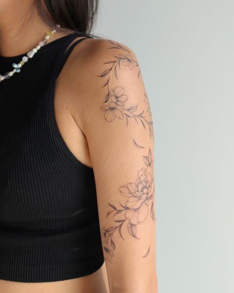 BOTANICAL FLOW 🌿 peony, lotus, and cherry blossoms Cherry Blossom Sleeve Tattoo, Cherry Blossom Shoulder Tattoo, Peach Blossom Tattoo, Orange Blossom Tattoo, Cherry Blossom Tattoo Shoulder, San Francisco Tattoo, Small Girly Tattoos, Peony Tattoo, Flower Tattoo Shoulder