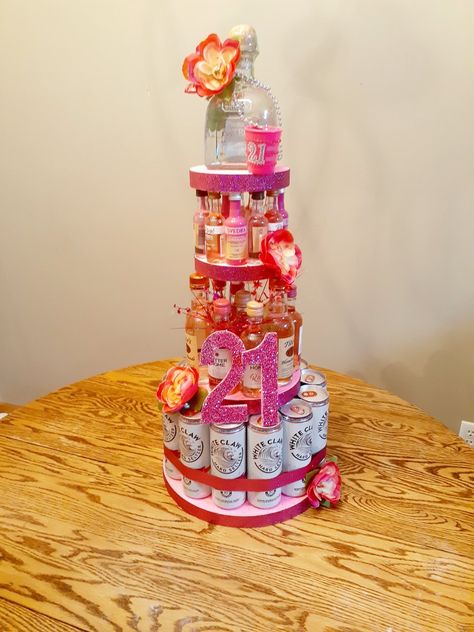 21st Birthday Liquor Cake, 21st Birthday Booze Cake, 21st Birthday Drink Tower, Tequila Birthday Gift Ideas, Casa Amigos Tequila Cake, 21st Birthday Shooter Cake, Booze Cake Tower, Shot Cake Ideas, Alcohol Tower 21st Birthday