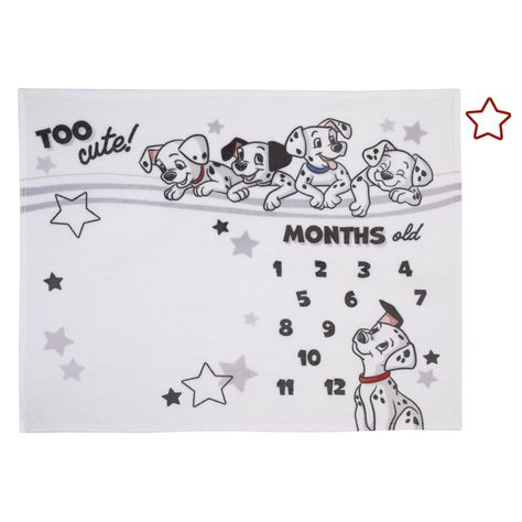 The Disney 101 Dalmatians Photo Op Milestone Baby Blanket is designed to create the perfect photo opportunity and capture milestone moments for each month. Document baby's progress as they grow! Includes a red star shaped felt cutout to place on each month. Features playful black and white spotted Dalmatian puppies surrounded by stars, with the sweet words, Too Cute! Designed in shades of black and white with a pop of red. Made of soft plush fabrics and measures 40" x 50". Makes a wonderful keepsake gift! Material : Polyester Country of Origin : Imported Care Instruction : Machine wash cold, separately, gentle cycle. Tumble dry, low heat. 101 Dalmatians Nursery, Dalmatian Nursery, Dalmatian Party, Baby Progress, Dalmatian Puppies, Baby Crib Bedding Sets, Photo Opportunity, Disney 101 Dalmatians, Baby Milestone Blanket